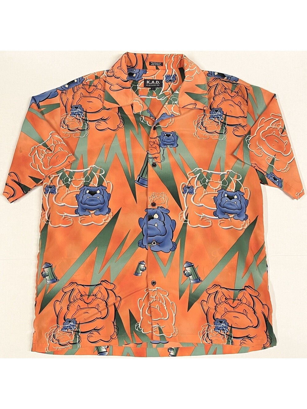 VTG K.A.D. Clothing Co. Shirt Sz L Hawaiian Style Button Up Bad Jax Bulldog Dogs